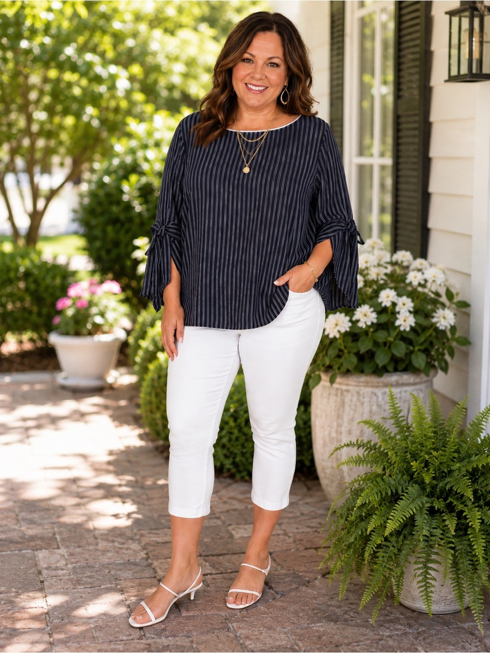 EUC. W5 Navy Pinstripe Tie Sleeve Blouse – Women's XL – Flowy Lightweight Top